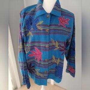 Studio Works Size L Turquoise Pink Blue Striped Jacket w/Floral, long sleeves FL